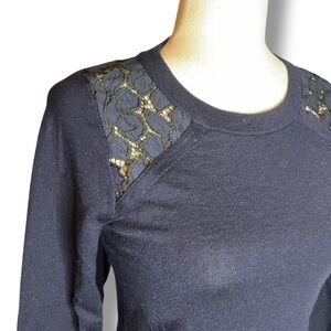 J.Crew Blue& Black Lace Shoulder Crewneck Merino Wool Blend Pullover Sweater XXS